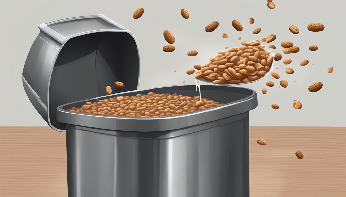 A can of expired refried beans being thrown into a trash bin