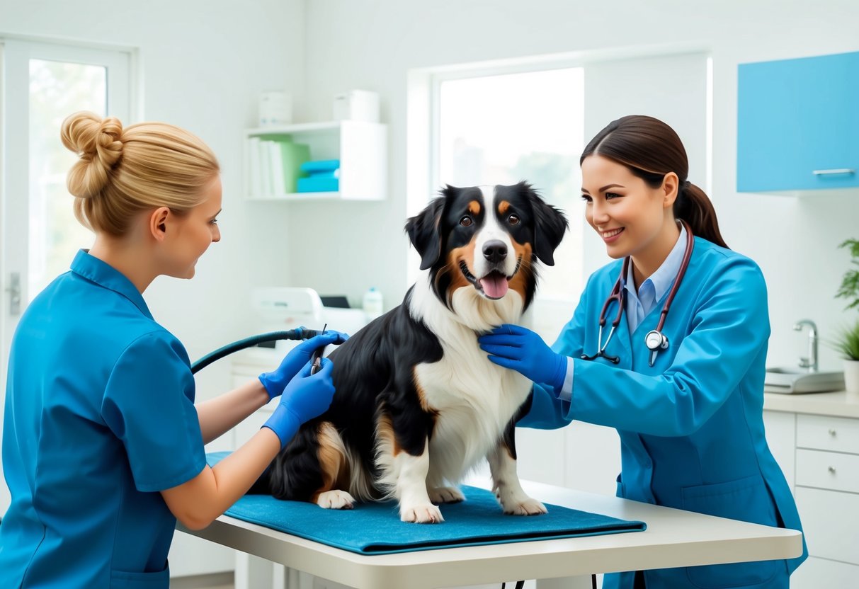 A Nova Scotia Duck Tolling Retriever dog being groomed and examined by a veterinarian in a bright and clean clinic