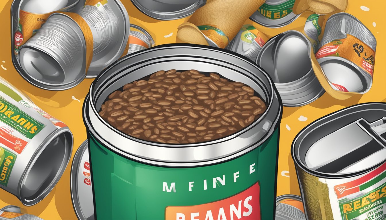 A can of refried beans with an expiration date crossed out and a question mark above it, surrounded by warning signs and a trash can