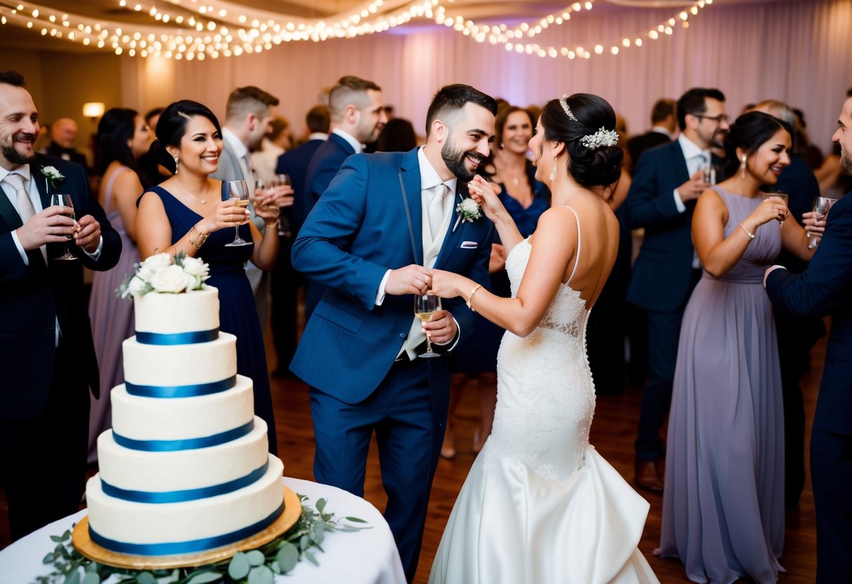 Guests mingle, clinking glasses and chatting. A bride and groom cut a tiered cake. A band plays, and couples dance on a decorated floor