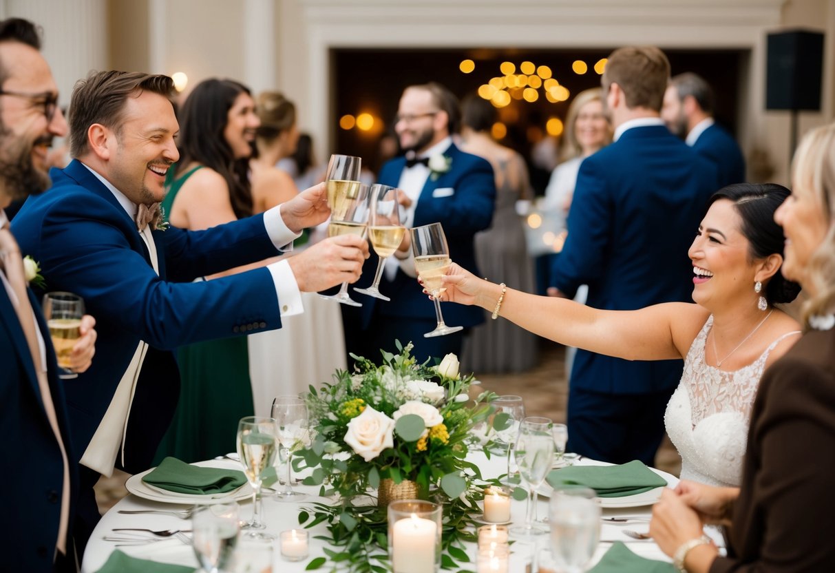 Guests mingle, clinking glasses and laughing. Tables are set with centerpieces and place settings. A band plays in the background