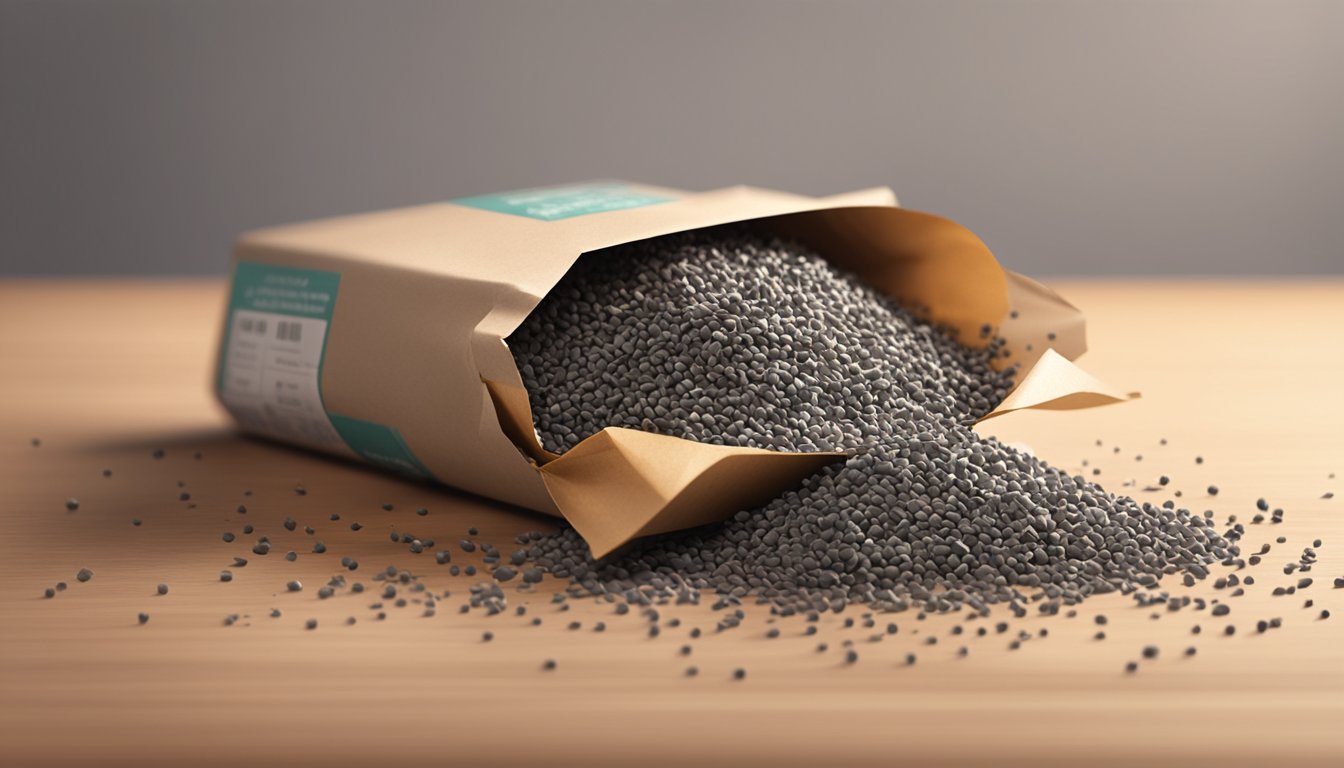 A pile of expired poppy seeds spilling out of a torn package, scattered on a kitchen counter