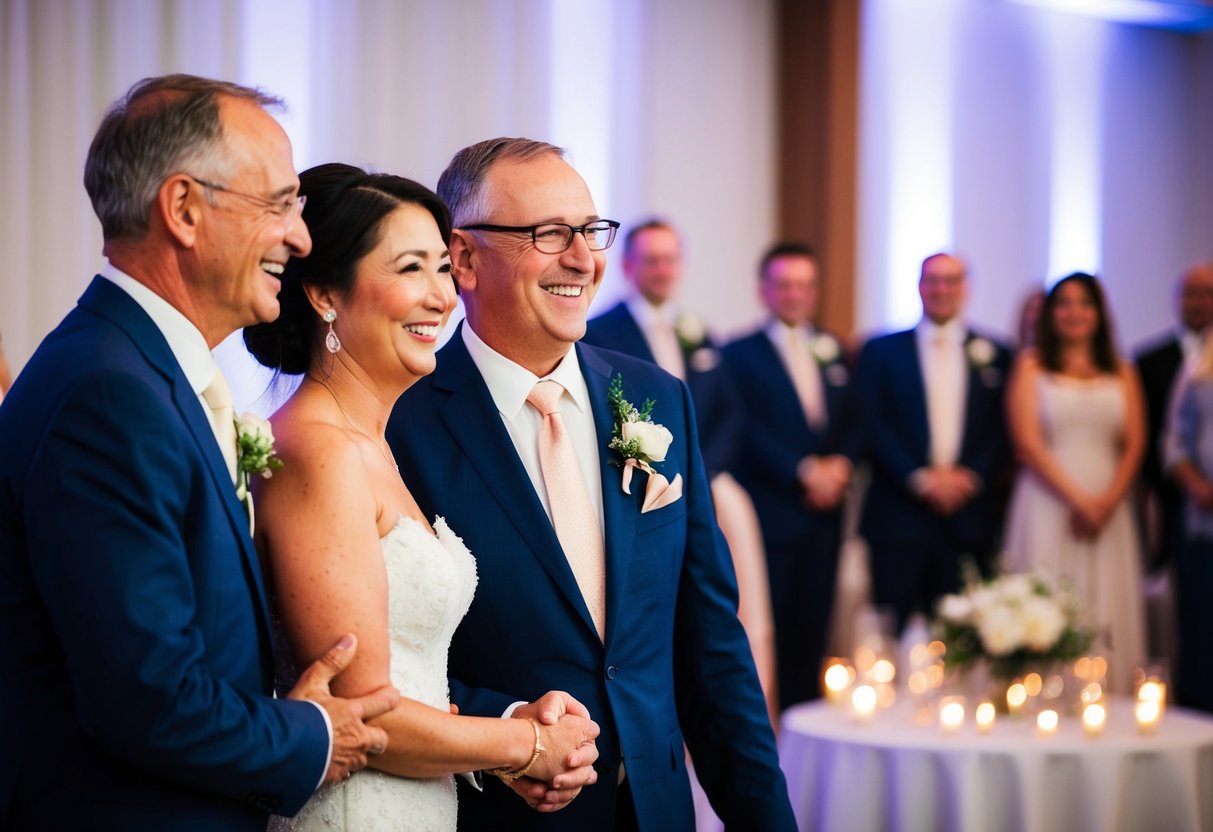 Parents smiling, standing side by side, as they are introduced at a wedding reception