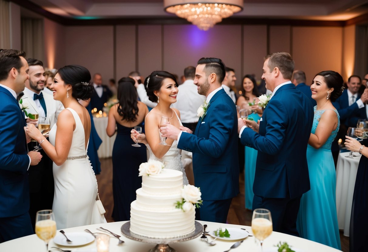Guests mingle, clink glasses, and dance as music fills the reception hall. Waitstaff serve food and drinks while the newlyweds cut the cake
