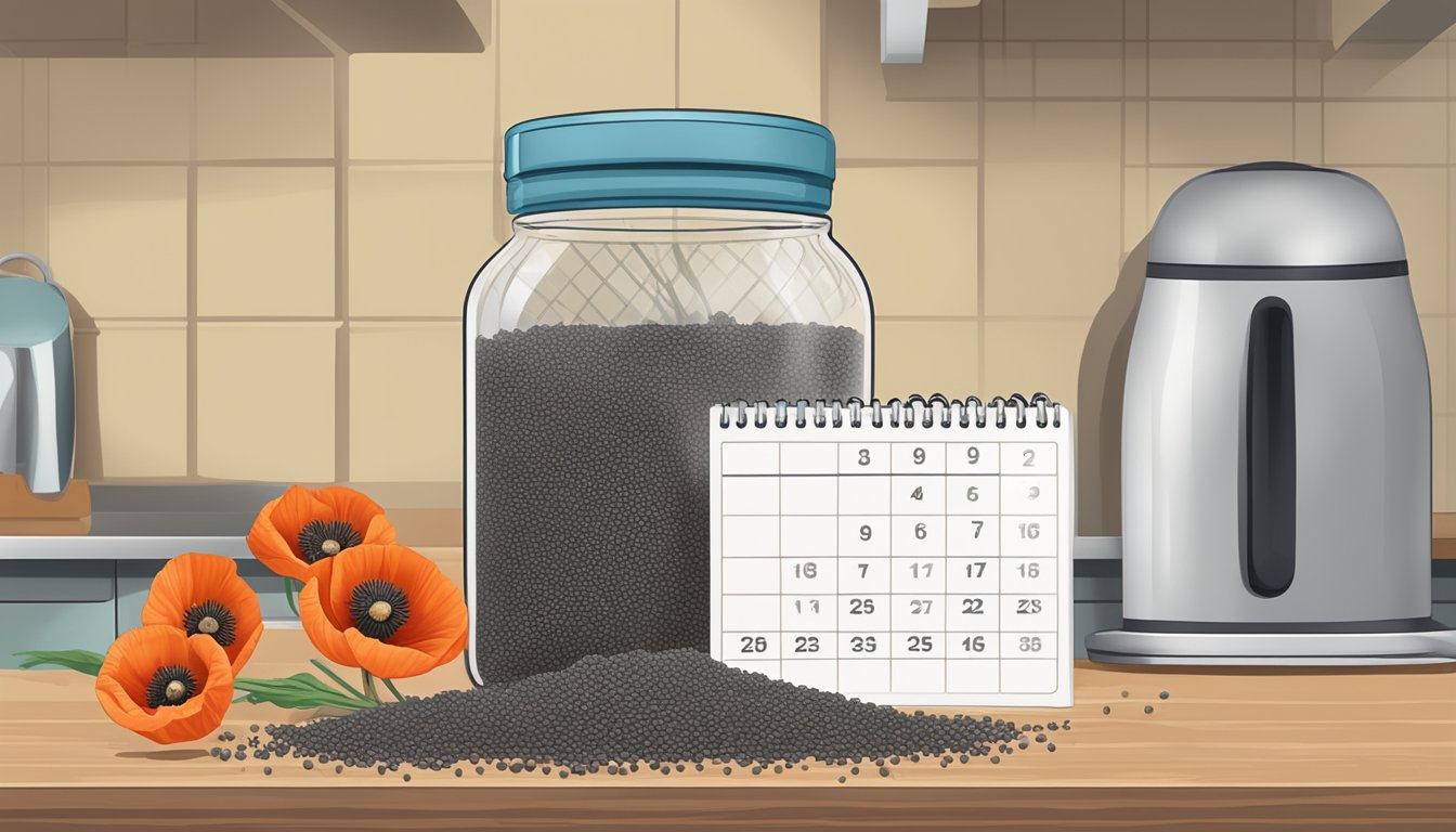 A jar of poppy seeds sitting on a kitchen counter next to a calendar showing the expiration date crossed out