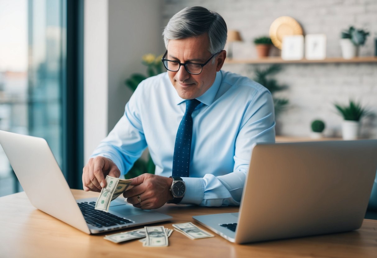 A father counting money while looking at a wedding budget spreadsheet on his laptop