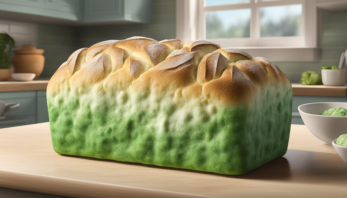 A loaf of sunbeam bread covered in green and white mold, sitting on a kitchen counter