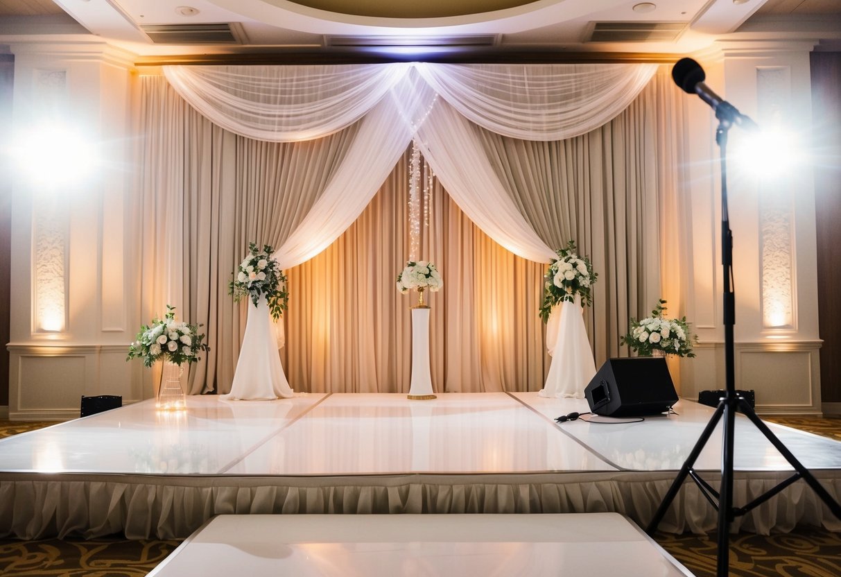 A grand entrance at a wedding reception: a decorated stage with a spotlight, elegant curtains, and a microphone stand