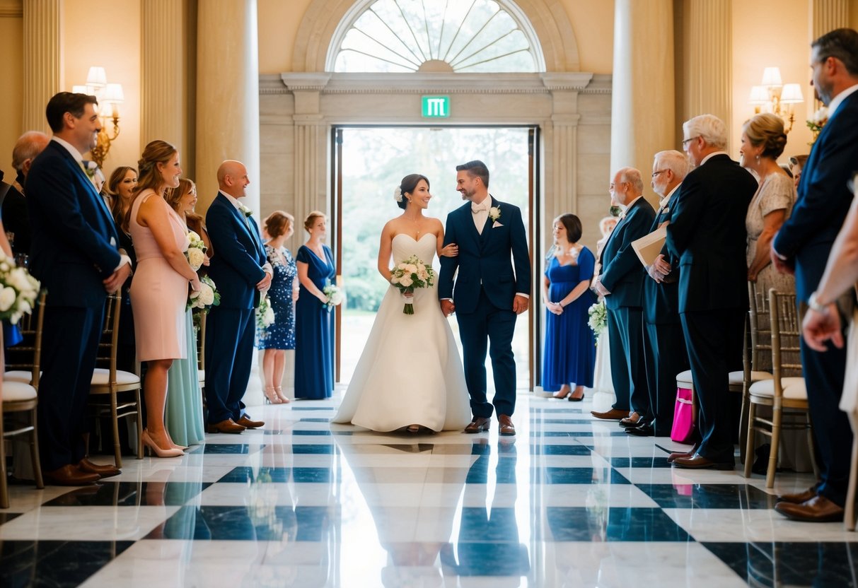 A couple standing at the entrance of a grand reception hall, with a line of guests waiting to greet them