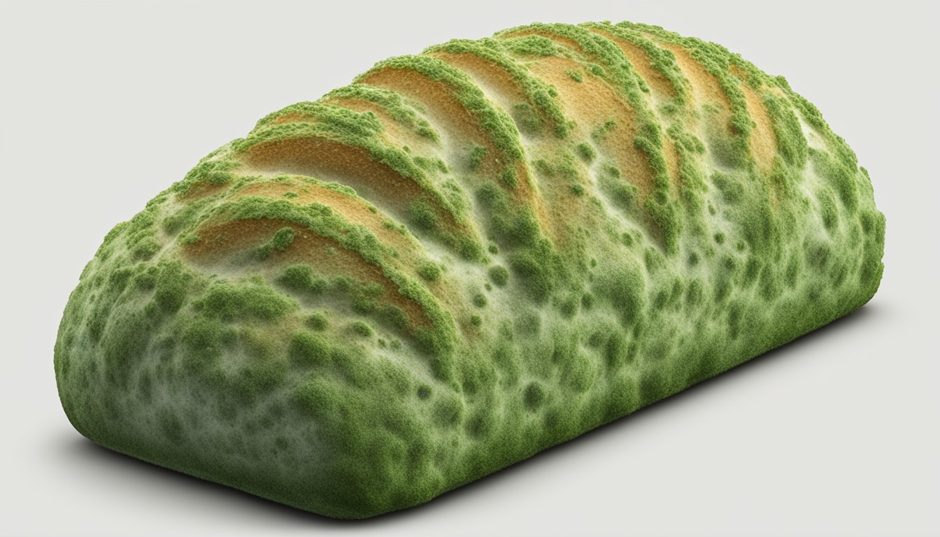 A loaf of sunbeam bread covered in green mold, with visible spores and a musty smell