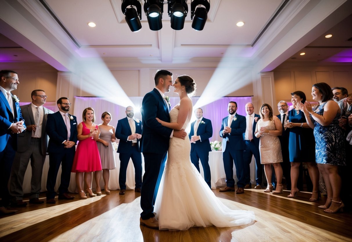 A couple stands in a spotlight at a wedding reception, surrounded by guests. They are the central focus of the room, with all eyes on them