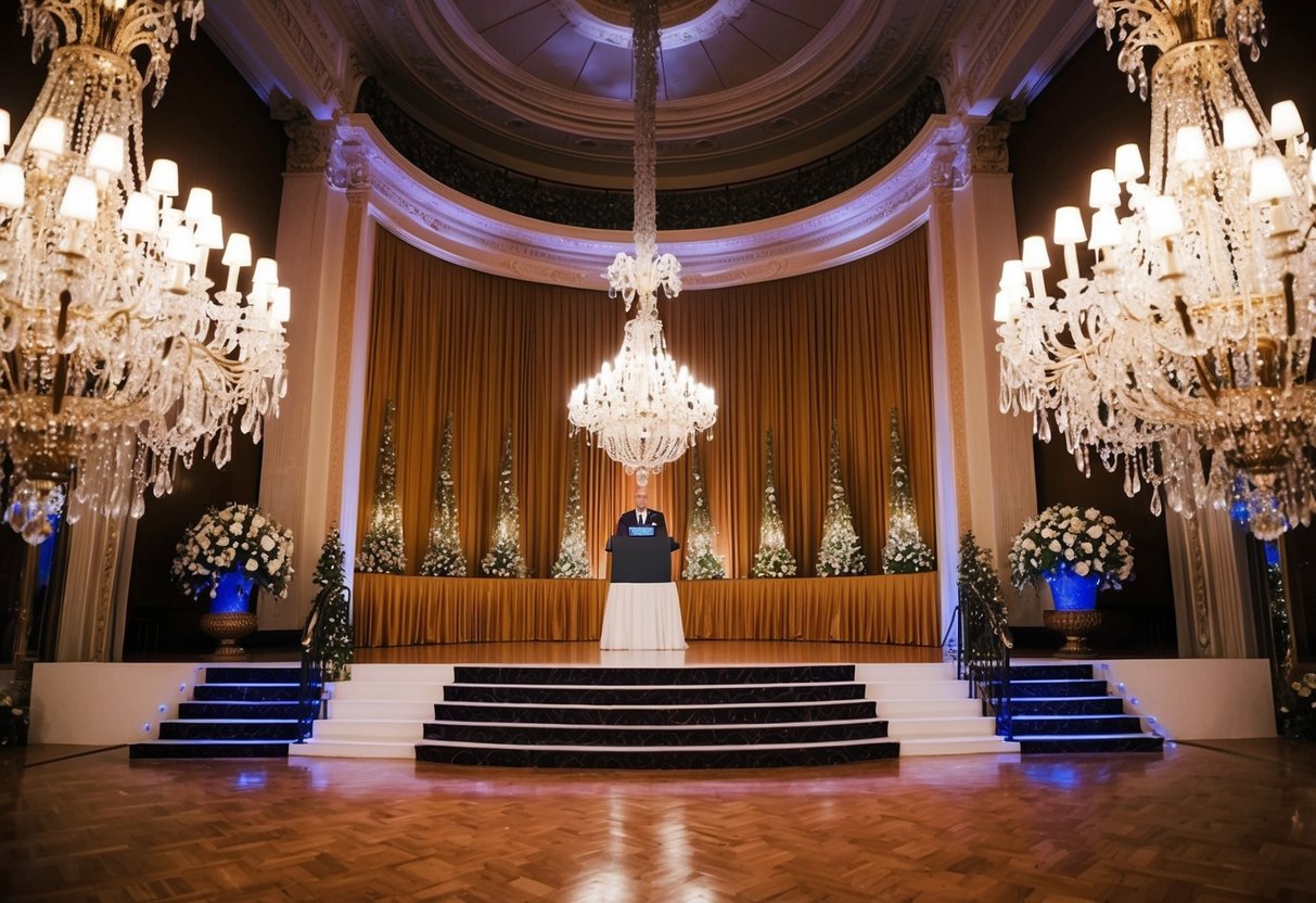 A grand ballroom with a raised platform for announcements, adorned with lavish decorations and ornate chandeliers