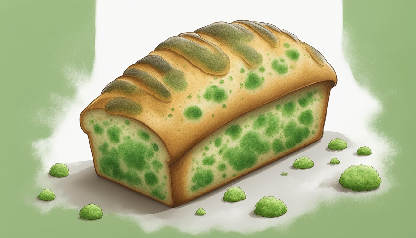 A loaf of sunbeam bread covered in green and white mold, with visible spores and a musty smell