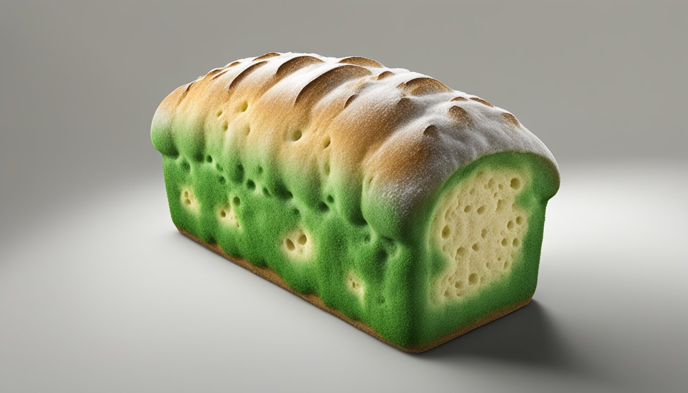 A loaf of sunbeam bread covered in green and white mold, with visible spores