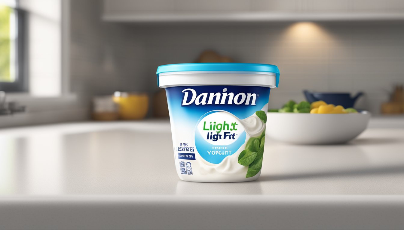 A carton of expired Dannon Light & Fit yogurt with visible signs of spoilage, such as mold or curdled texture, sitting on a kitchen counter