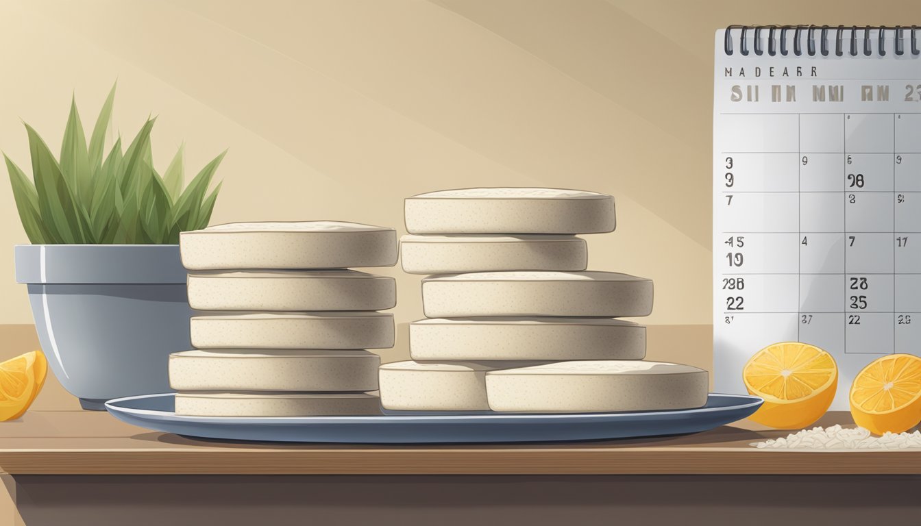 A stack of rice cakes on a plate, some with a few small cracks. A calendar on the wall shows an expired date