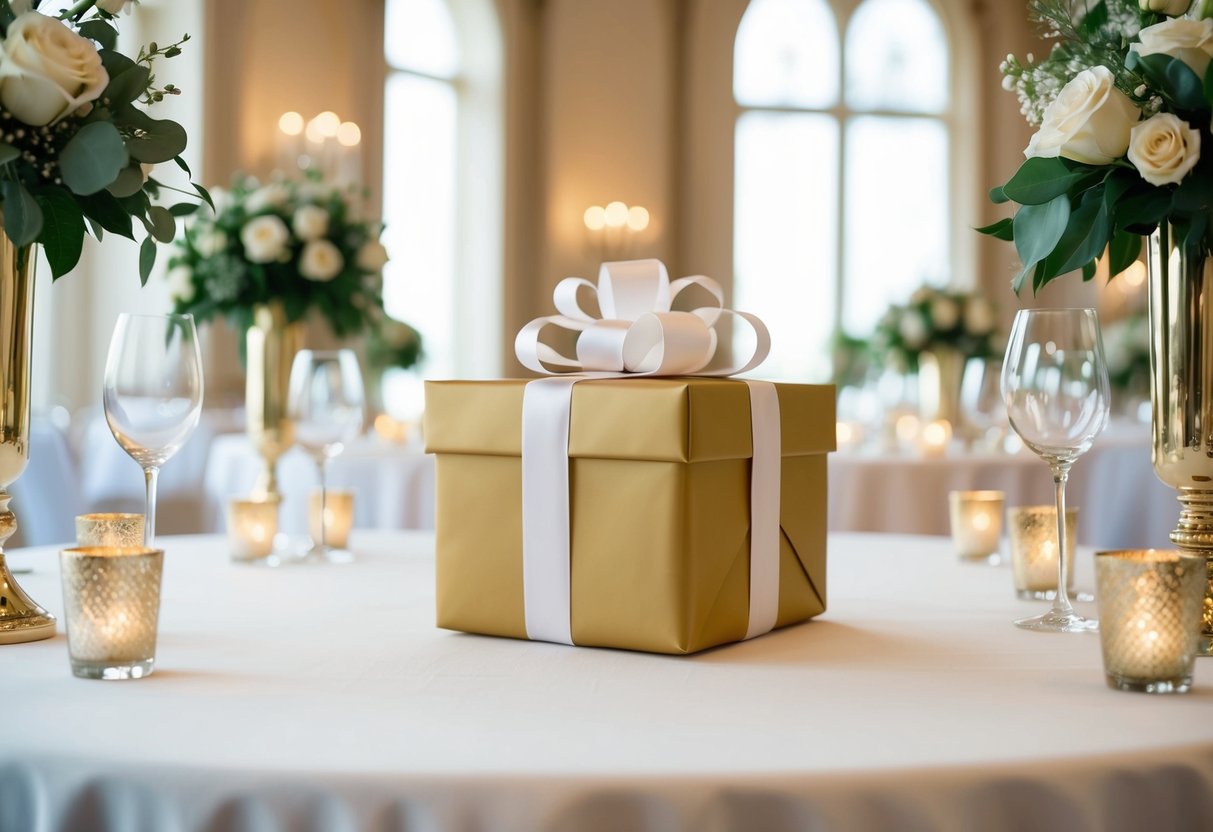 A beautifully wrapped gift box with a bow sitting on a table surrounded by elegant wedding decorations