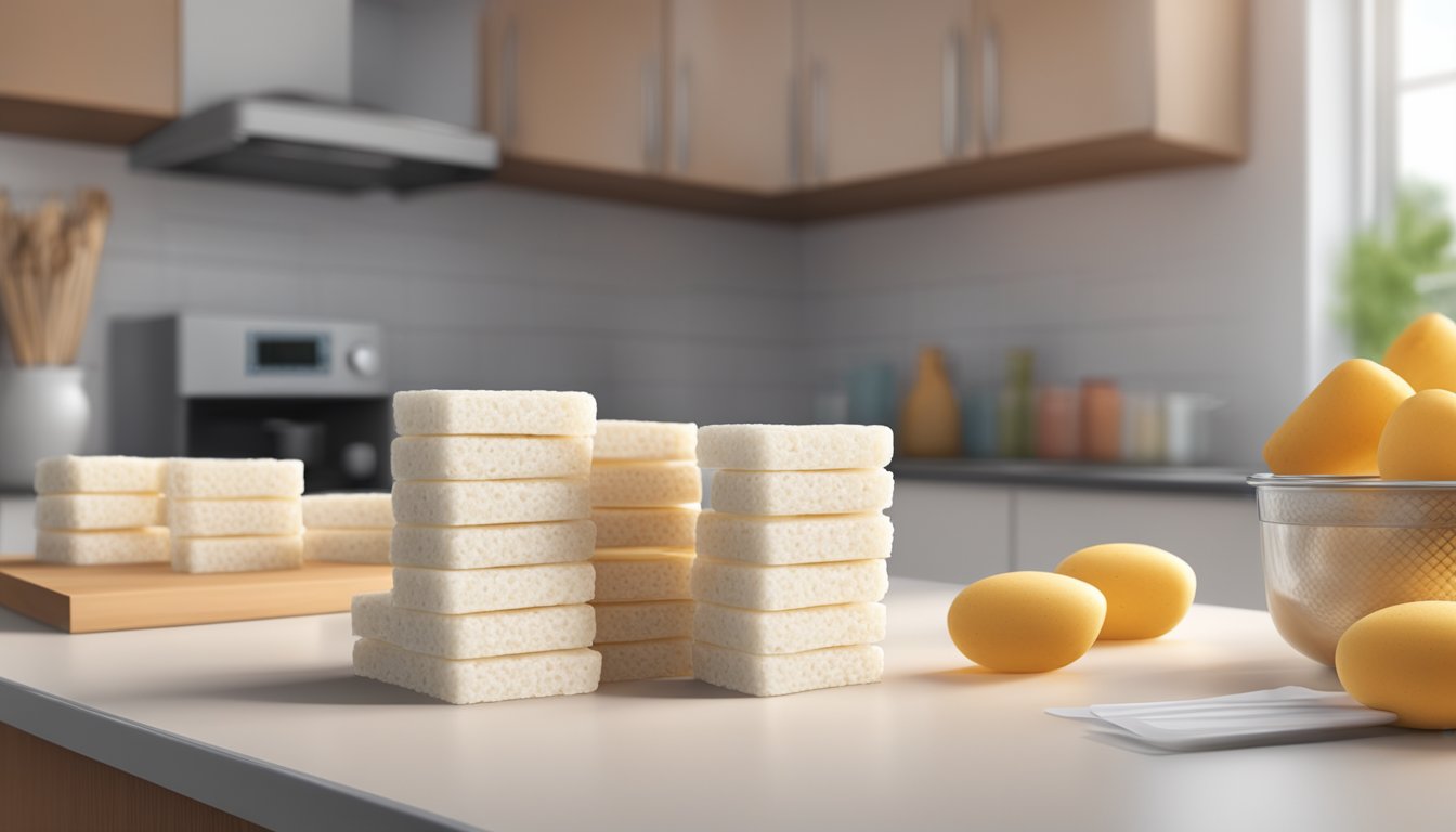 A stack of expired rice cakes on a kitchen counter, with a calendar showing the current date in the background