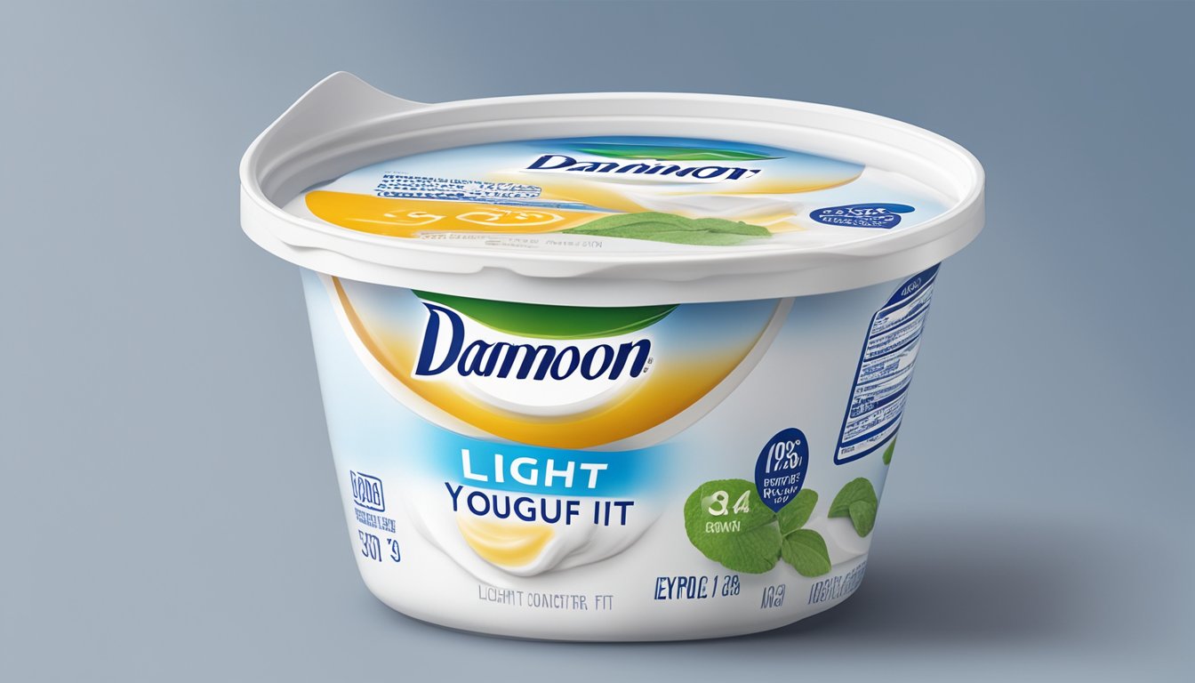 An open container of expired Dannon Light & Fit yogurt with visible signs of mold and discoloration