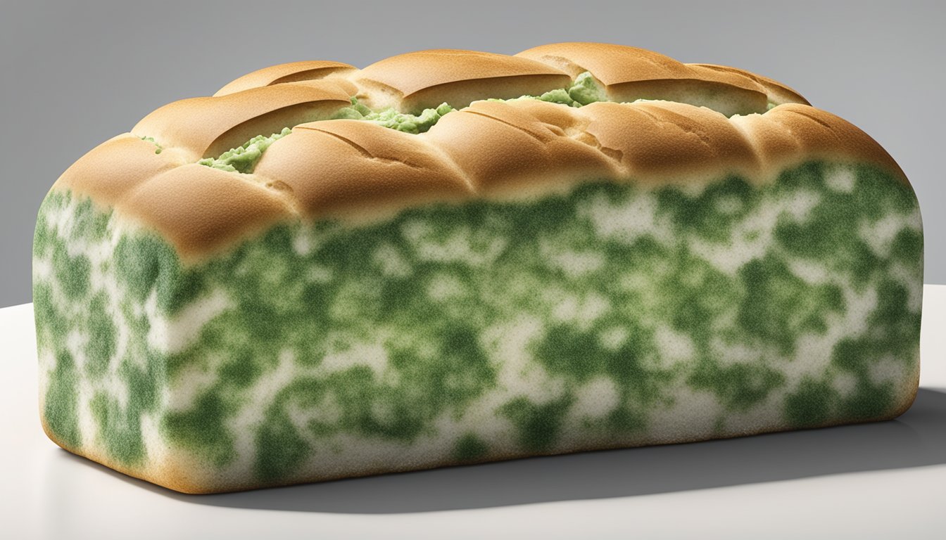 A loaf of sunbeam bread covered in green and white mold, sitting on a countertop