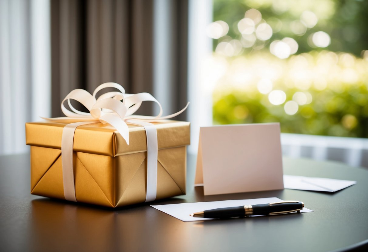 A beautifully wrapped gift box with a ribbon and bow sitting on a table next to a wedding card and a pen