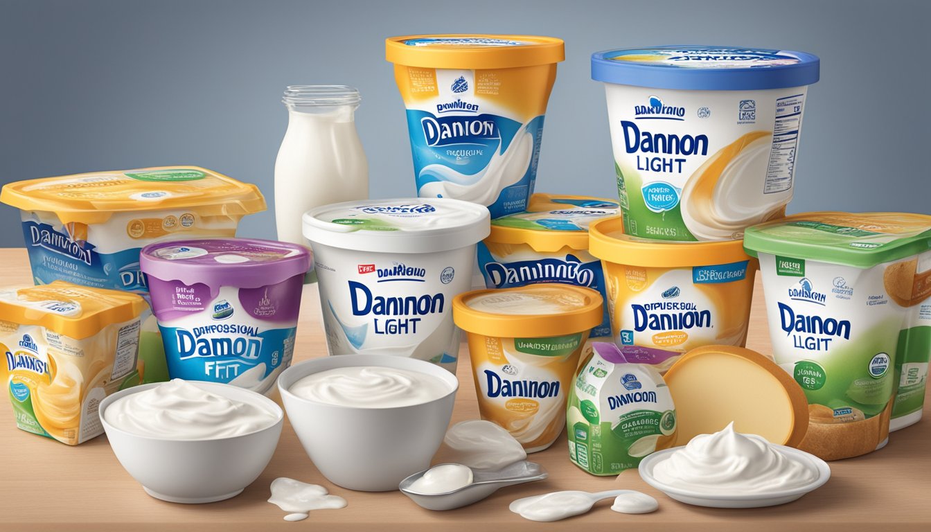 A carton of expired Dannon Light & Fit yogurt sits on a kitchen counter, surrounded by various other dairy products. The expiration date is clearly visible on the packaging