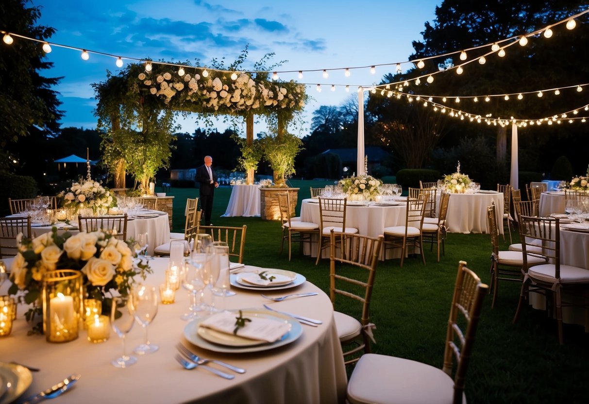 A festive wedding reception begins at dusk in a charming garden setting with twinkling lights and elegant decor