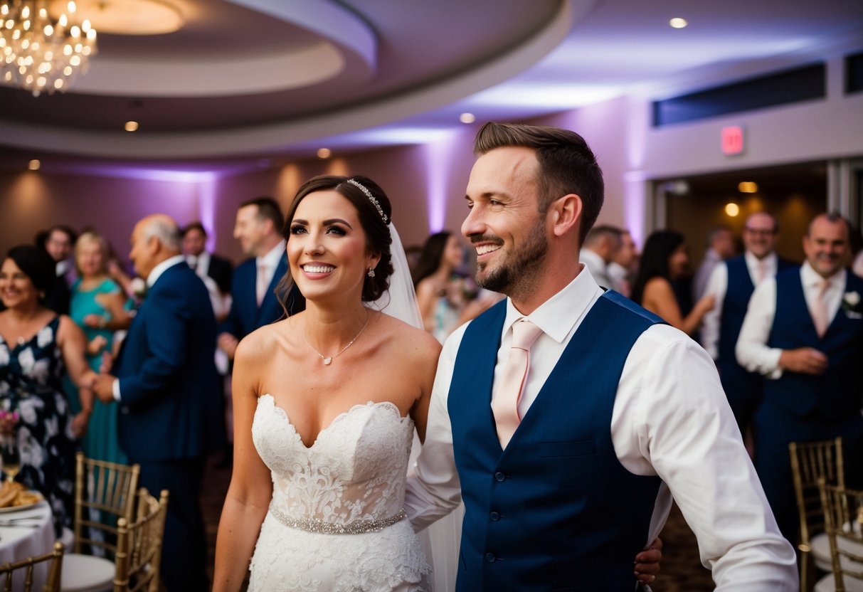 The newlyweds remain at the reception, surrounded by guests and enjoying the festivities