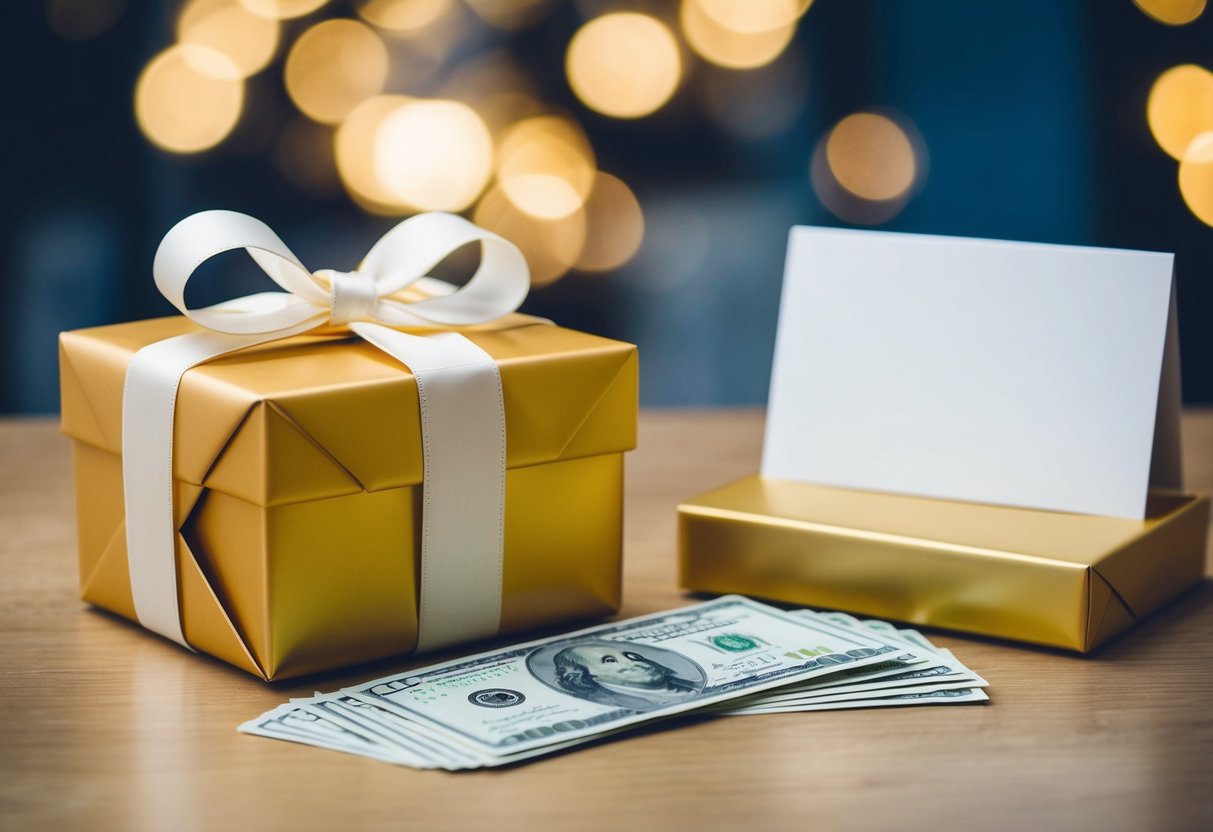 A wrapped gift box with a bow sits on a table next to a wedding card and a pile of cash