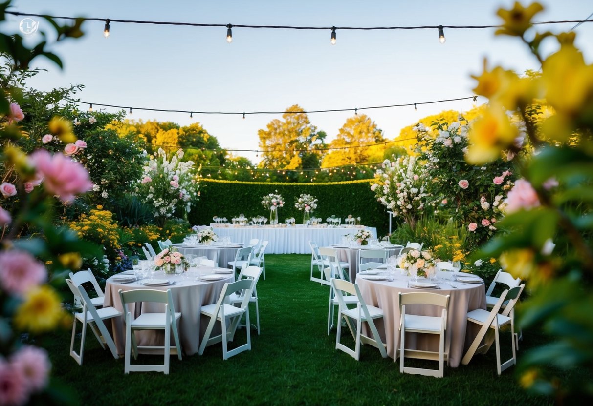 A sunlit garden with tables set for a reception, surrounded by blooming flowers and twinkling lights as the evening approaches