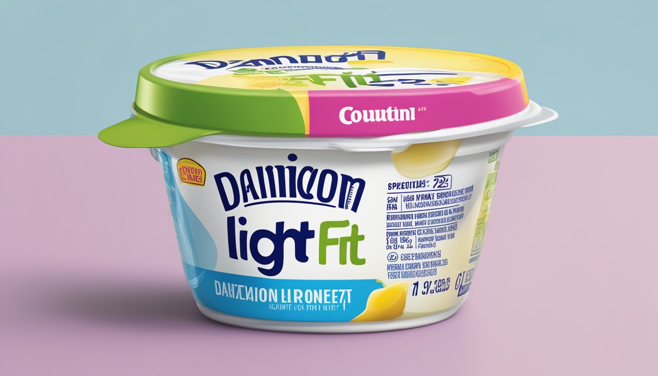 An open expired Dannon Light & Fit yogurt container with a sour smell, surrounded by caution signs and crossed-out expiration dates