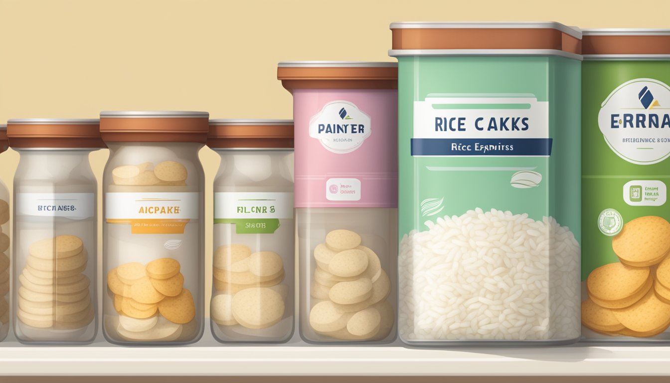 A pantry shelf with airtight containers of rice cakes and a label indicating the expiration date