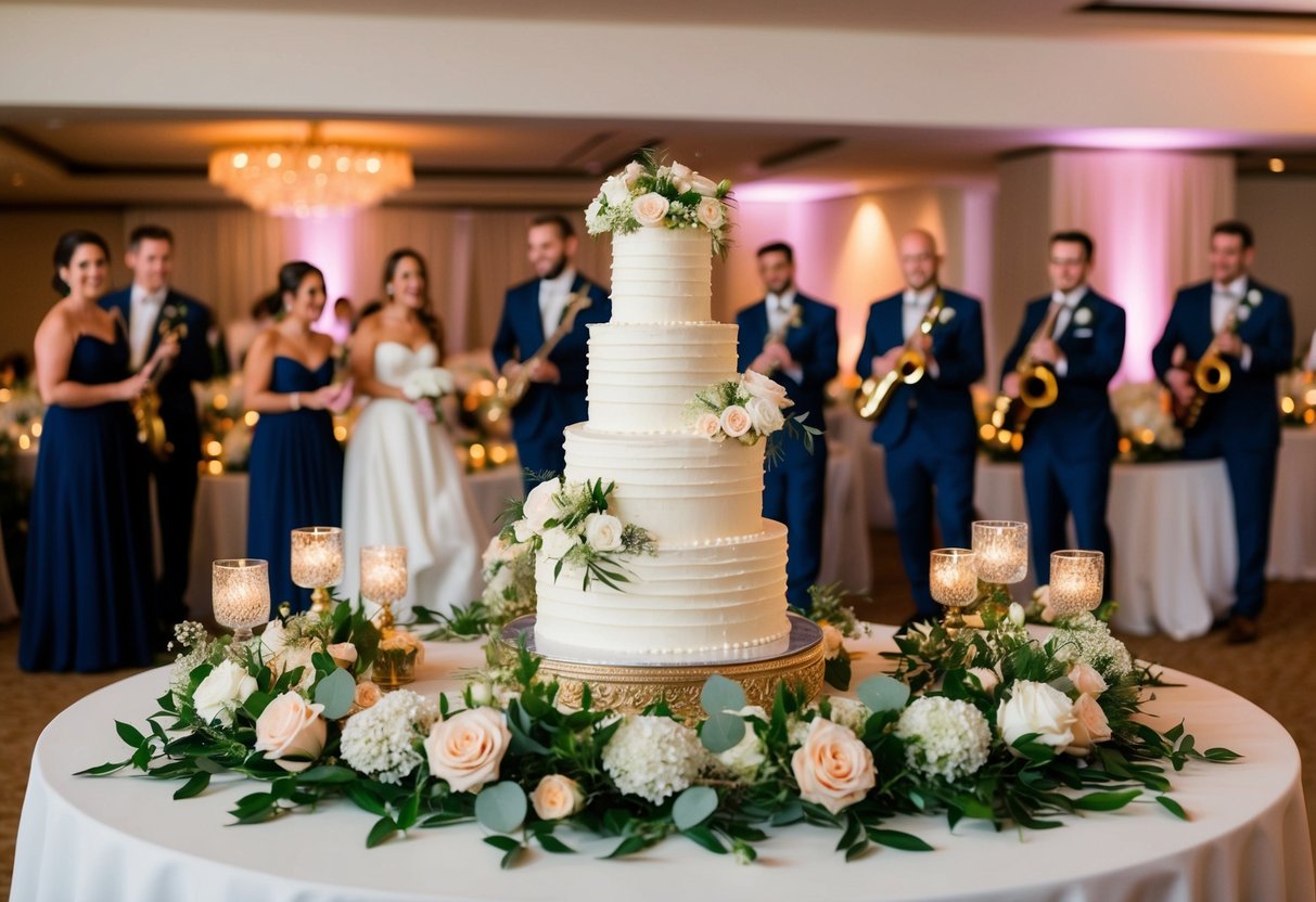 A beautifully decorated wedding reception with traditional elements such as floral centerpieces, a tiered wedding cake, and a live band playing music