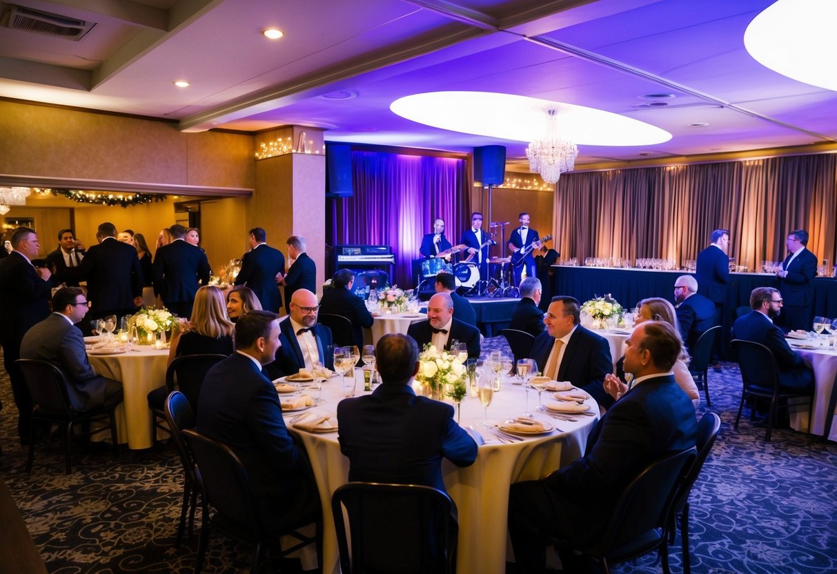 Guests mingle in a decorated venue with tables set for dinner. A band sets up on stage, and a bar is stocked with drinks
