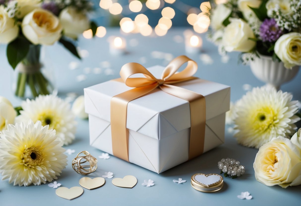 A beautifully wrapped gift box with a ribbon and bow, surrounded by elegant wedding decor and flowers