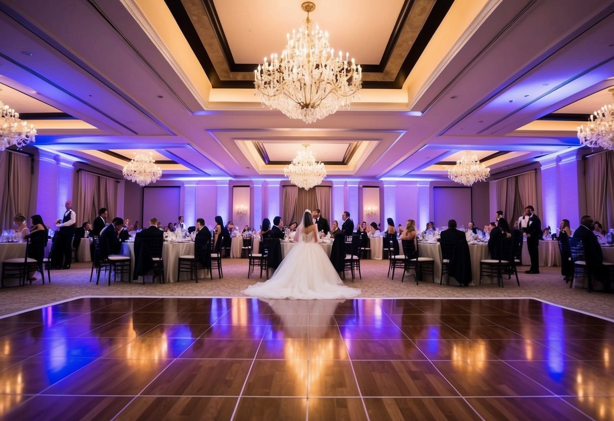 A grand hall with elegant tables, sparkling lights, and a dance floor awaits guests for a wedding reception
