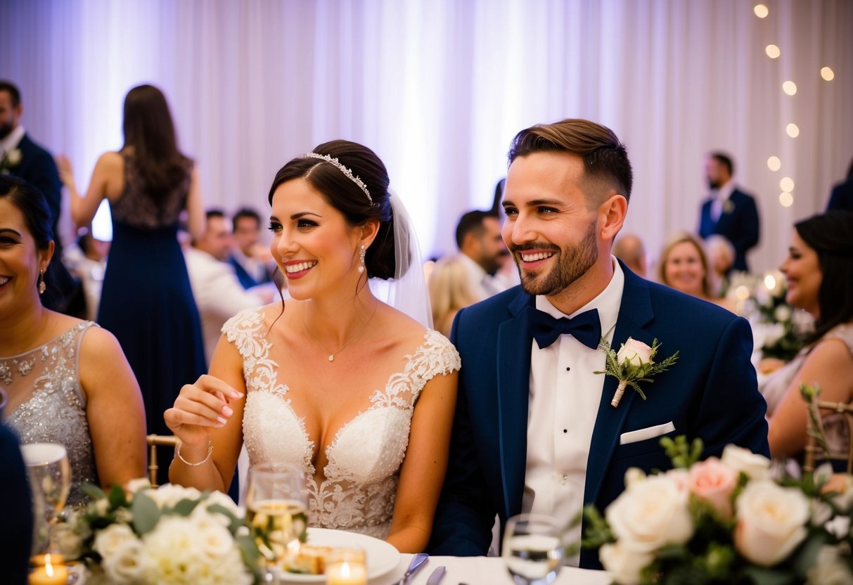 The bride and groom participate in reception activities, engaging with guests and enjoying the celebration