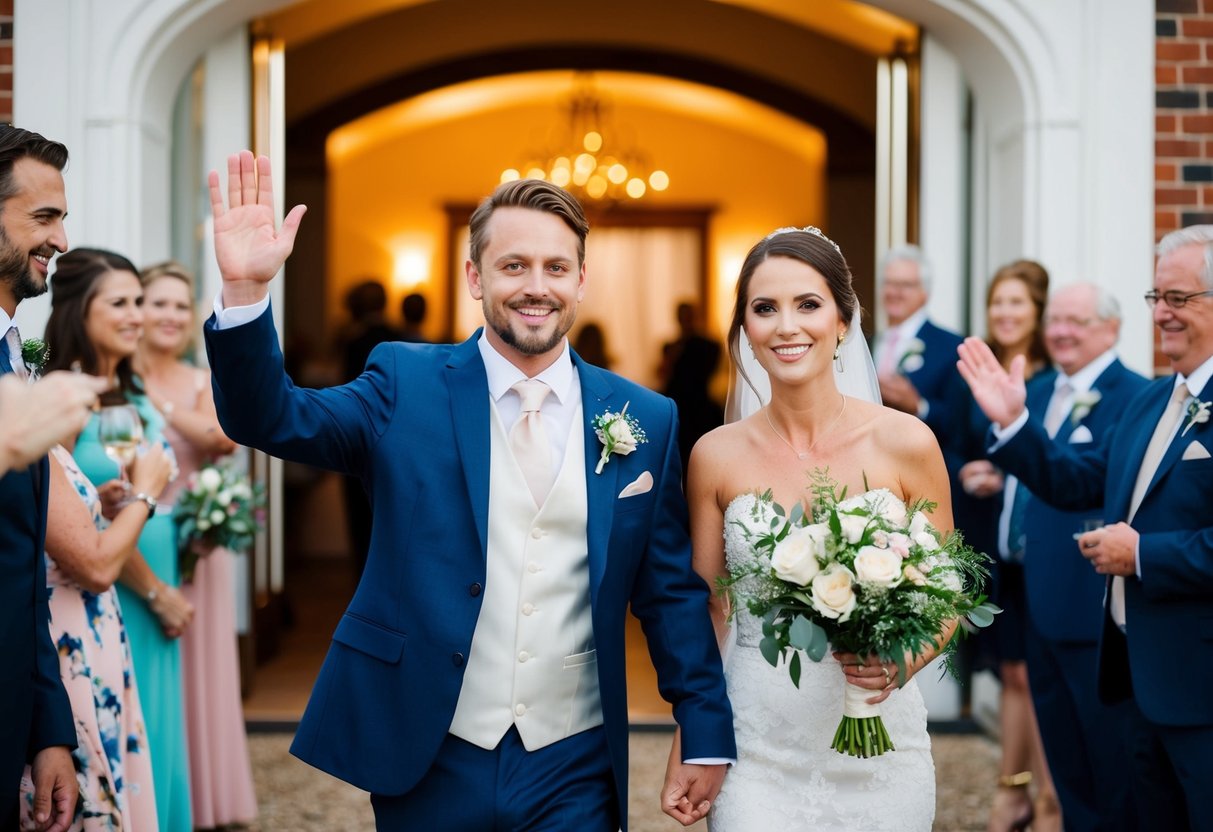 The bride and groom depart the reception venue, waving goodbye to their guests as they head off to their honeymoon