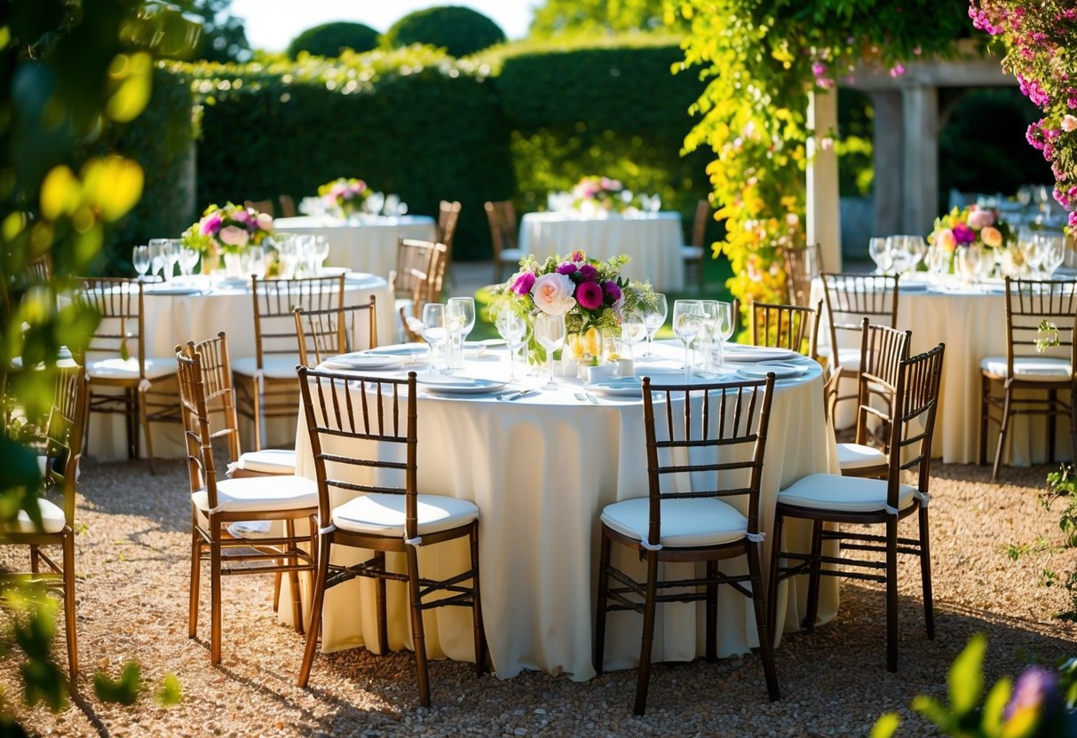 A sunlit garden with elegant tables and chairs set up for a wedding reception, surrounded by vibrant flowers and greenery