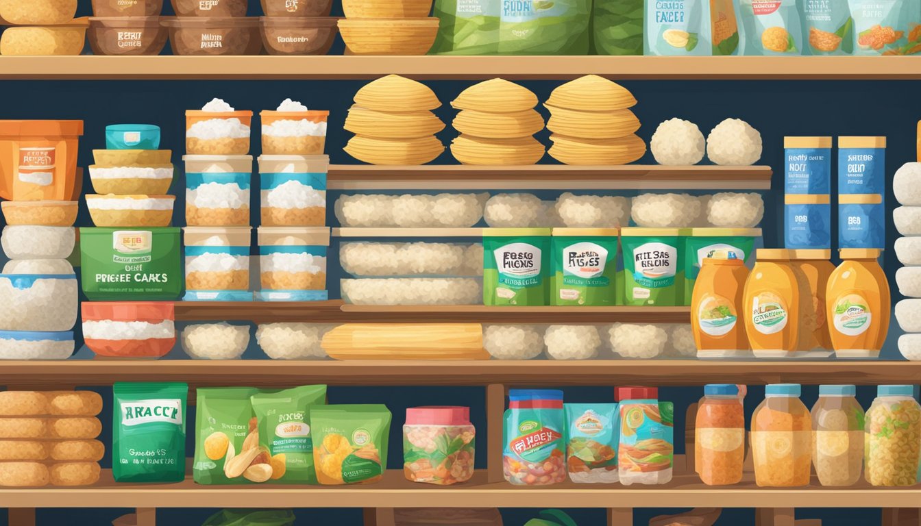 A stack of rice cakes sits on a shelf, surrounded by a variety of fresh and expired food items. The expired rice cakes show signs of deterioration, while the fresh items look vibrant and appetizing