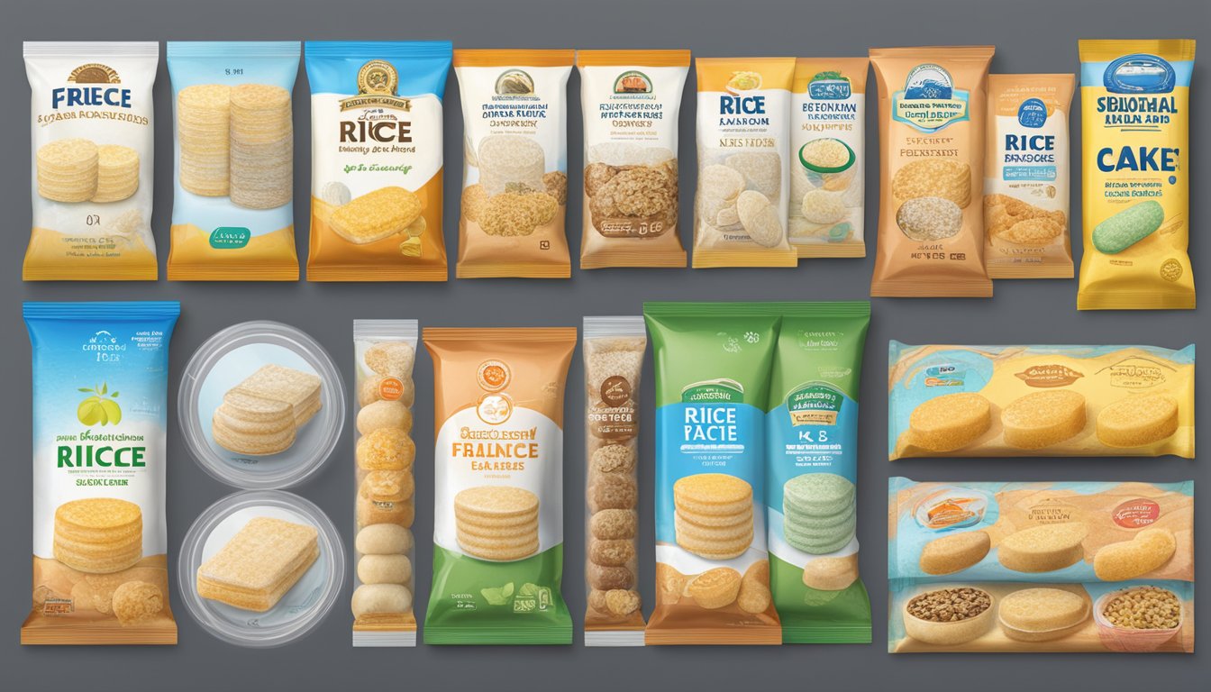 A variety of rice cakes, including traditional and flavored types, displayed with expiration dates visible on packaging