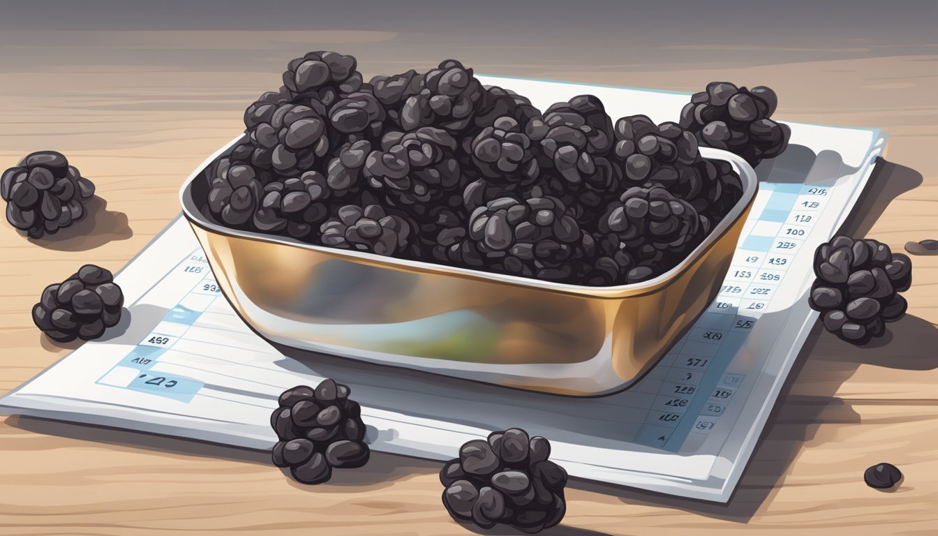 A pile of wrinkled, discolored raisins sits next to a calendar showing an expired date. A moldy smell emanates from the container