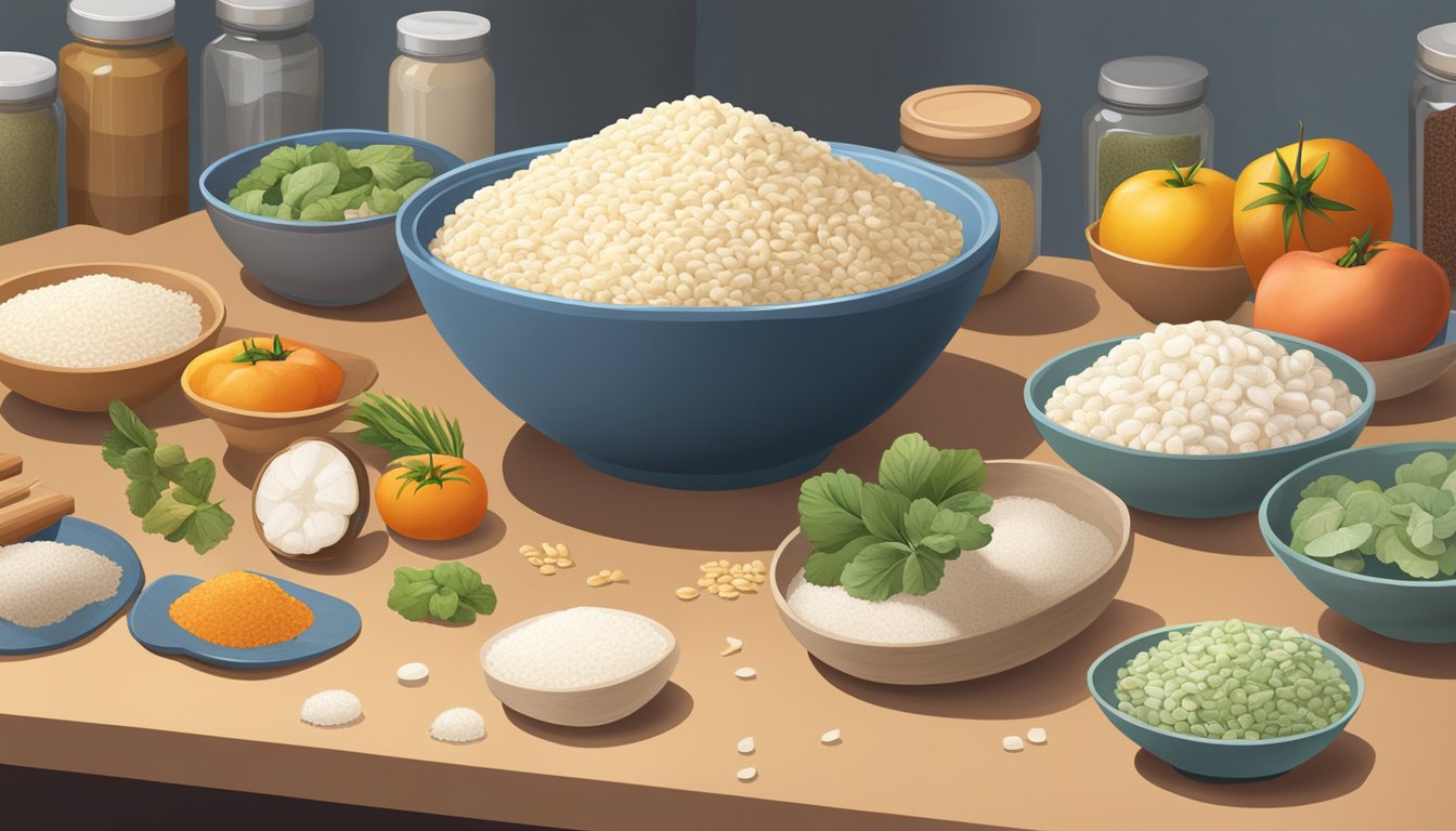 A pile of expired rice cakes sits on a kitchen counter, surrounded by an assortment of fresh and dried ingredients