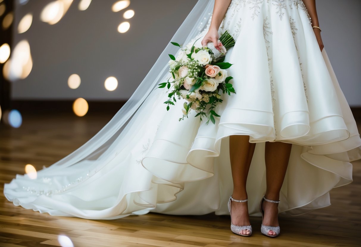 A bride wears a flowing white gown with delicate lace and beading, paired with elegant heels and a sparkling tiara. She holds a bouquet of fresh flowers