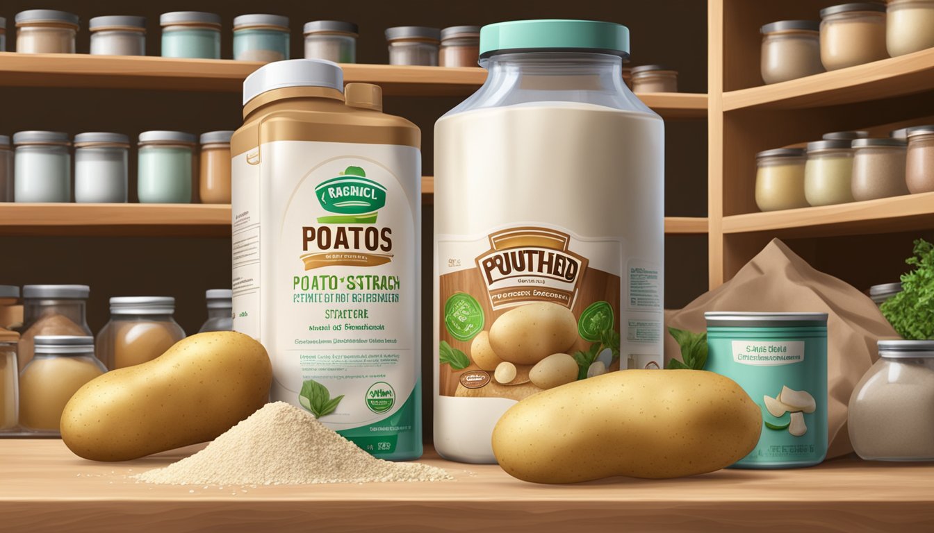 A bag of expired potato starch sits on a pantry shelf, surrounded by other cooking ingredients