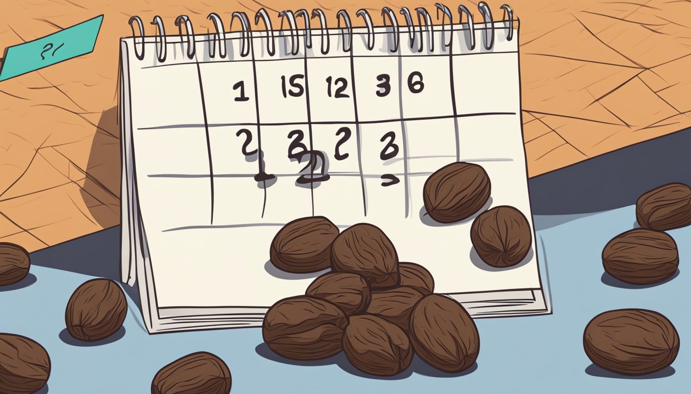 A pile of wrinkled raisins sits next to a calendar with the date crossed out. A question mark hovers above the raisins