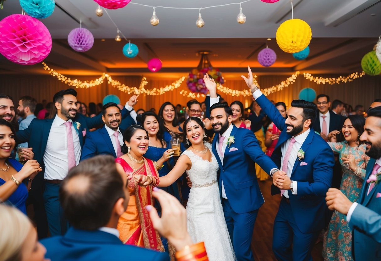A festive gathering with music and dancing, colorful decorations, and joyful guests celebrating the newlywed couple