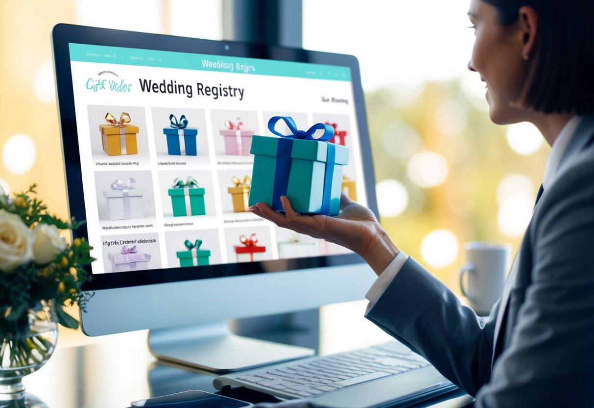 A wedding registry with various gift options displayed on a computer screen, while a person holds a thoughtful gift not on the list