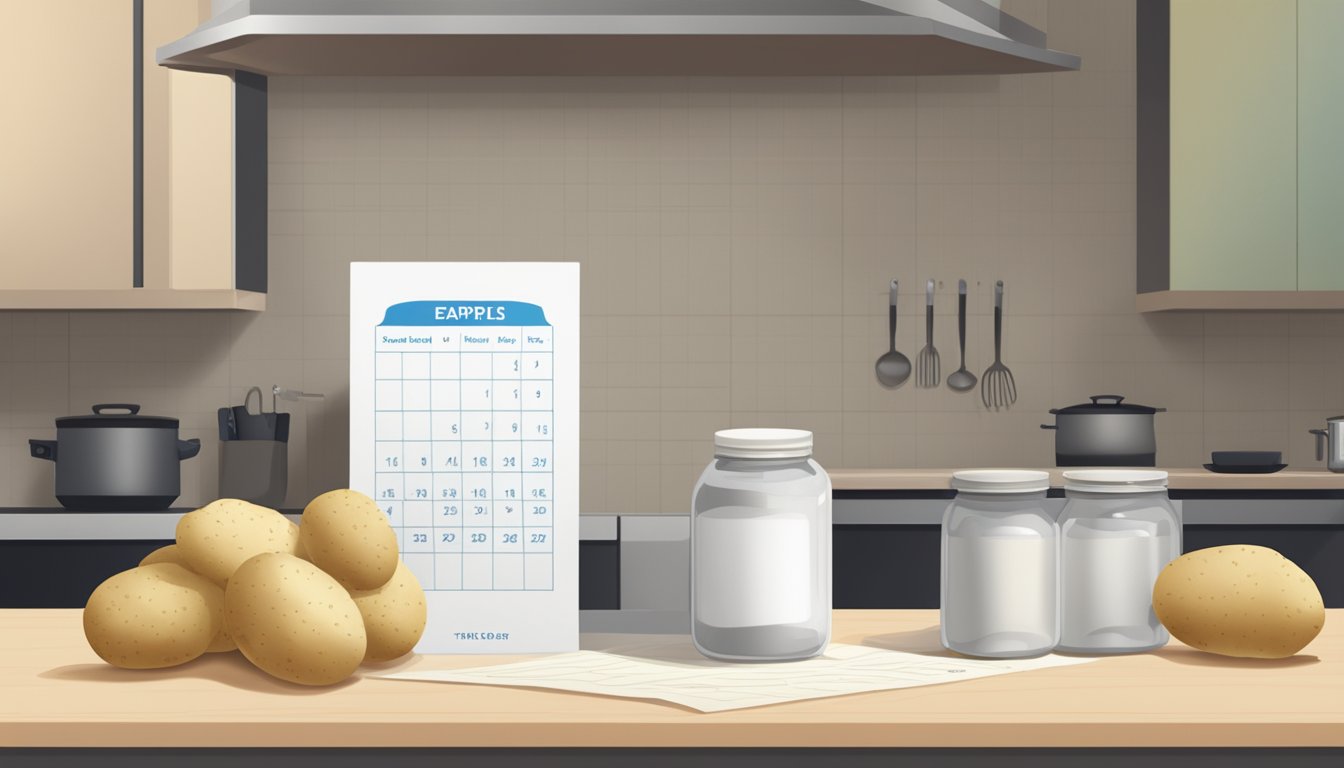 A pile of expired potato starch sits on a kitchen shelf next to a calendar showing the past date