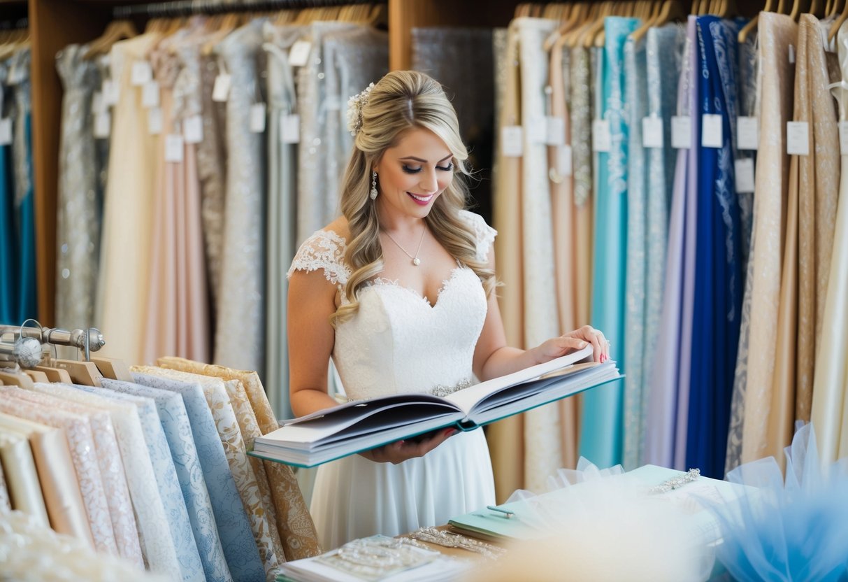 A bride stands in a fabric store, surrounded by bolts of lace, satin, and tulle. She flips through design books, searching for the perfect fabric and style for her reception dress